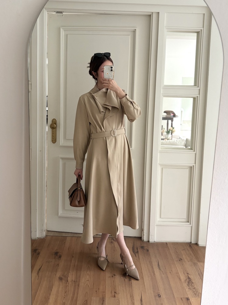 Classic Flared Trench Dress (Warm Beige)