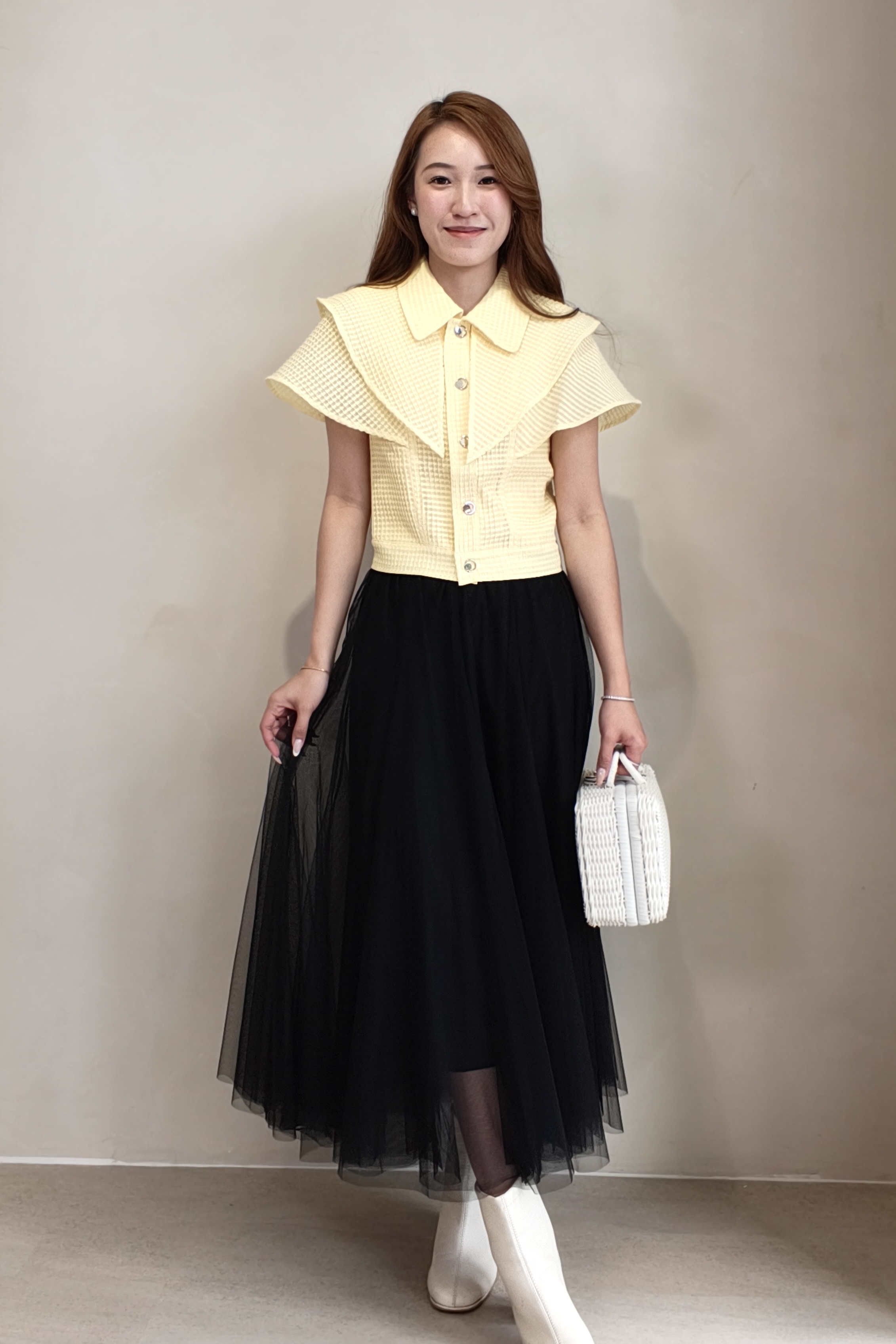 MF240313 Butter Yellow Cape Collar Textured Top