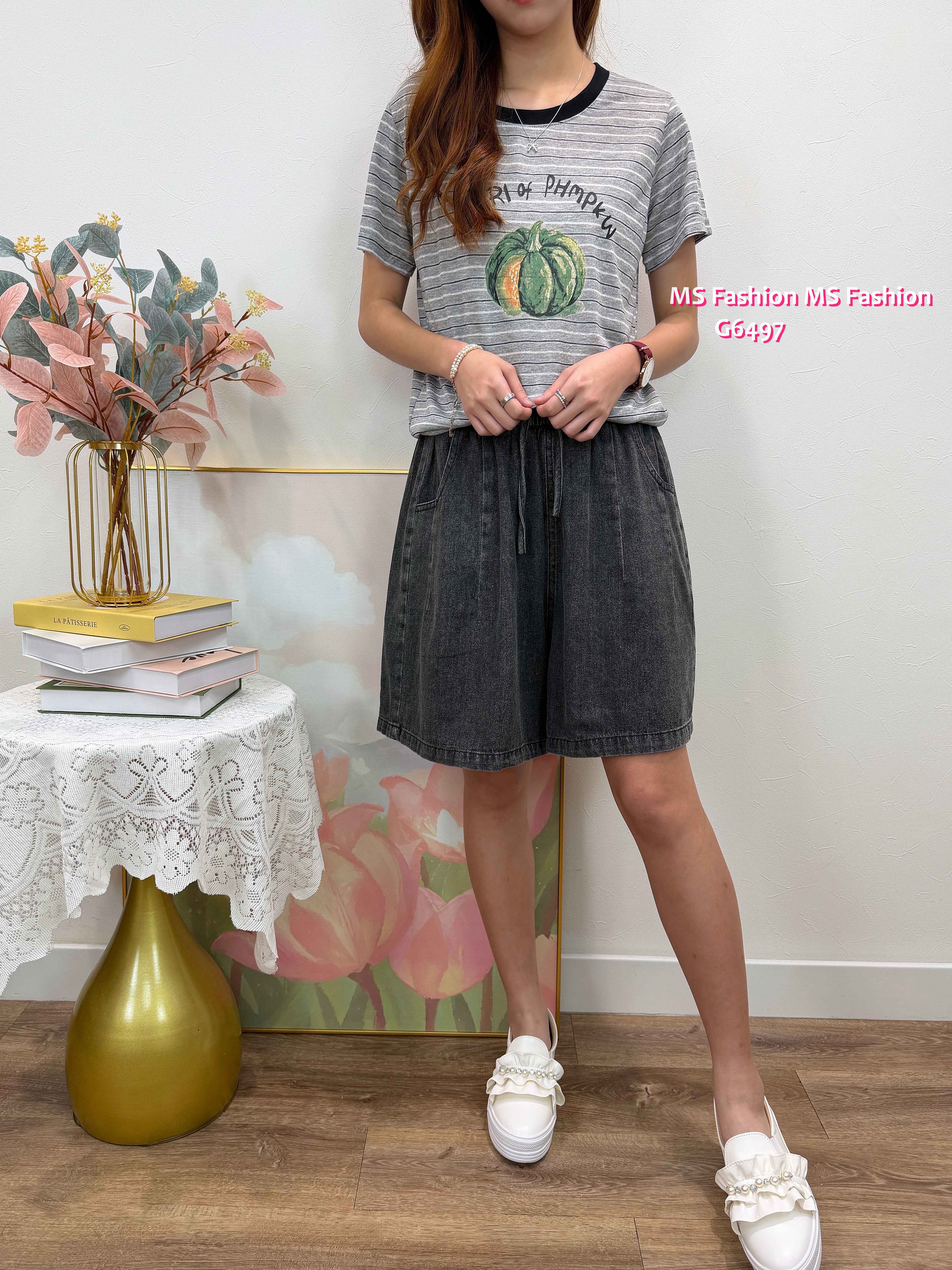 G6497 橫間南瓜print top
