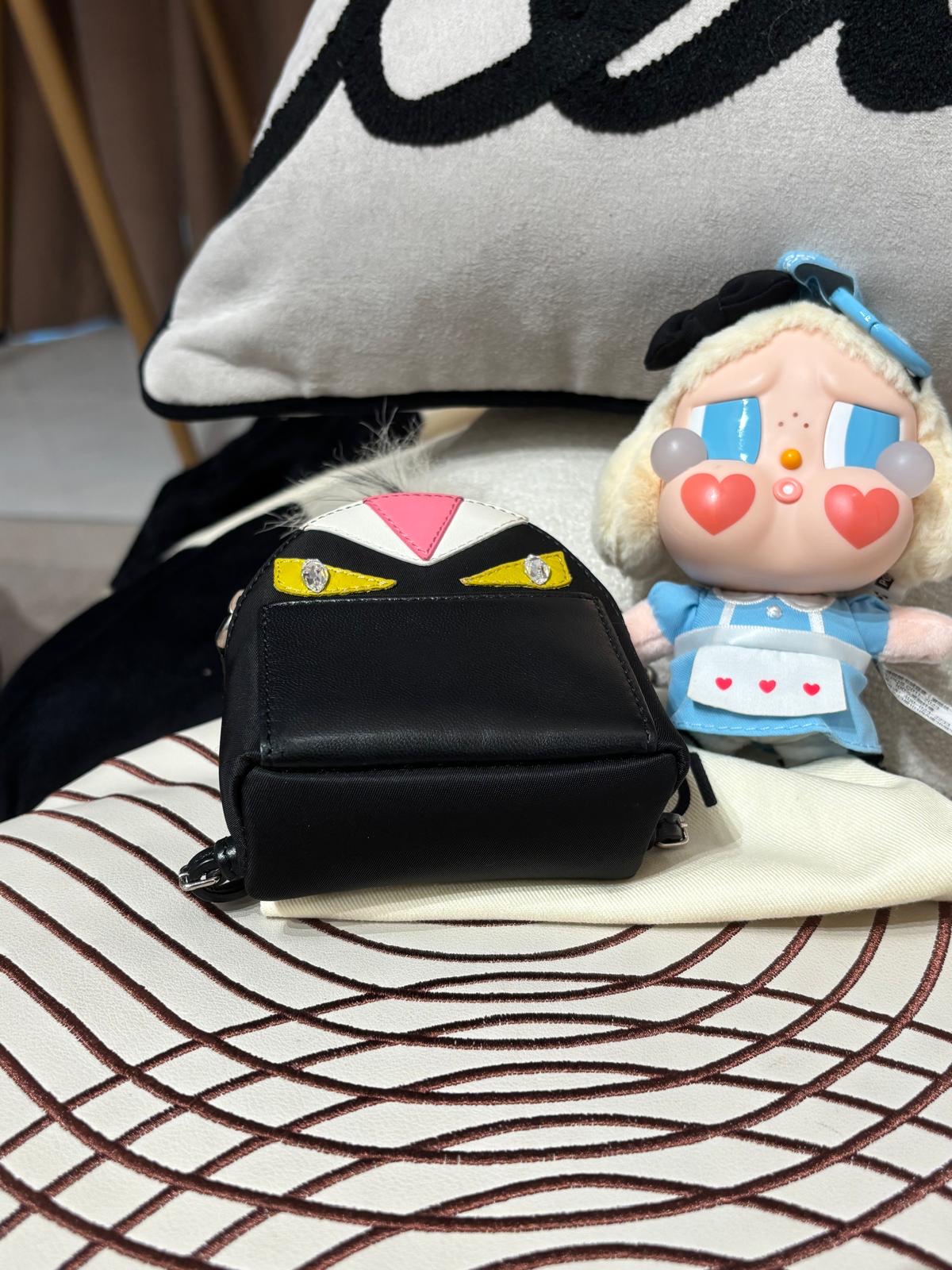 FENDI FUR MONSTER BACKPACK CHARM BLACK NYLON  100%Authentic,98%new✅dust bag  