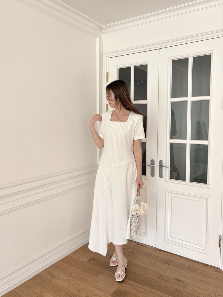 Asymmetric Striped Dress (Ivory)