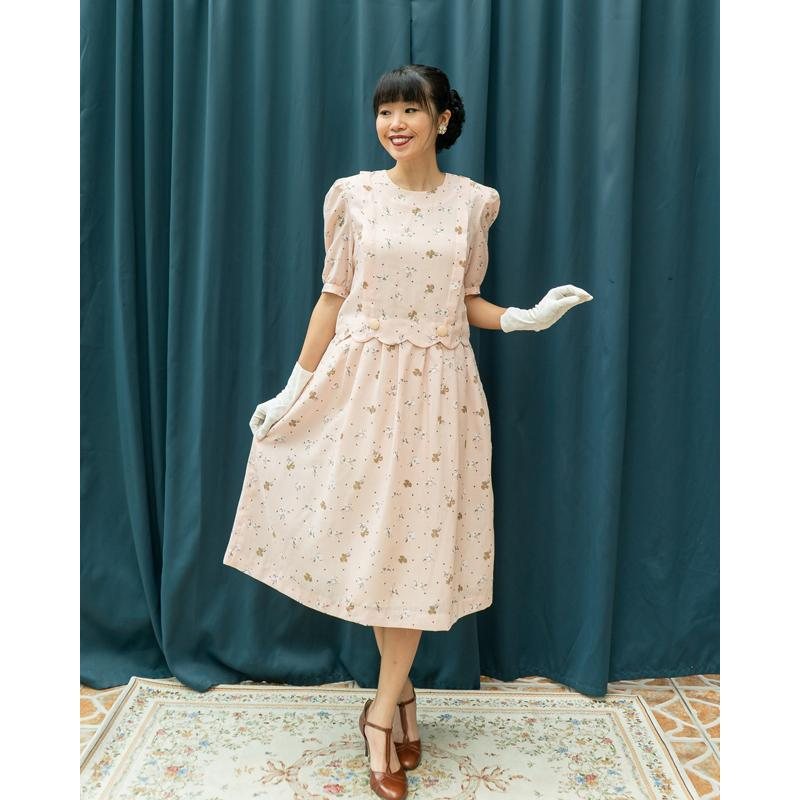 C.a. 1980s Japanese Ralph Baker Pale Pink Scattered Floral Pattern Faux Twin Set Dress (MT1608-67)