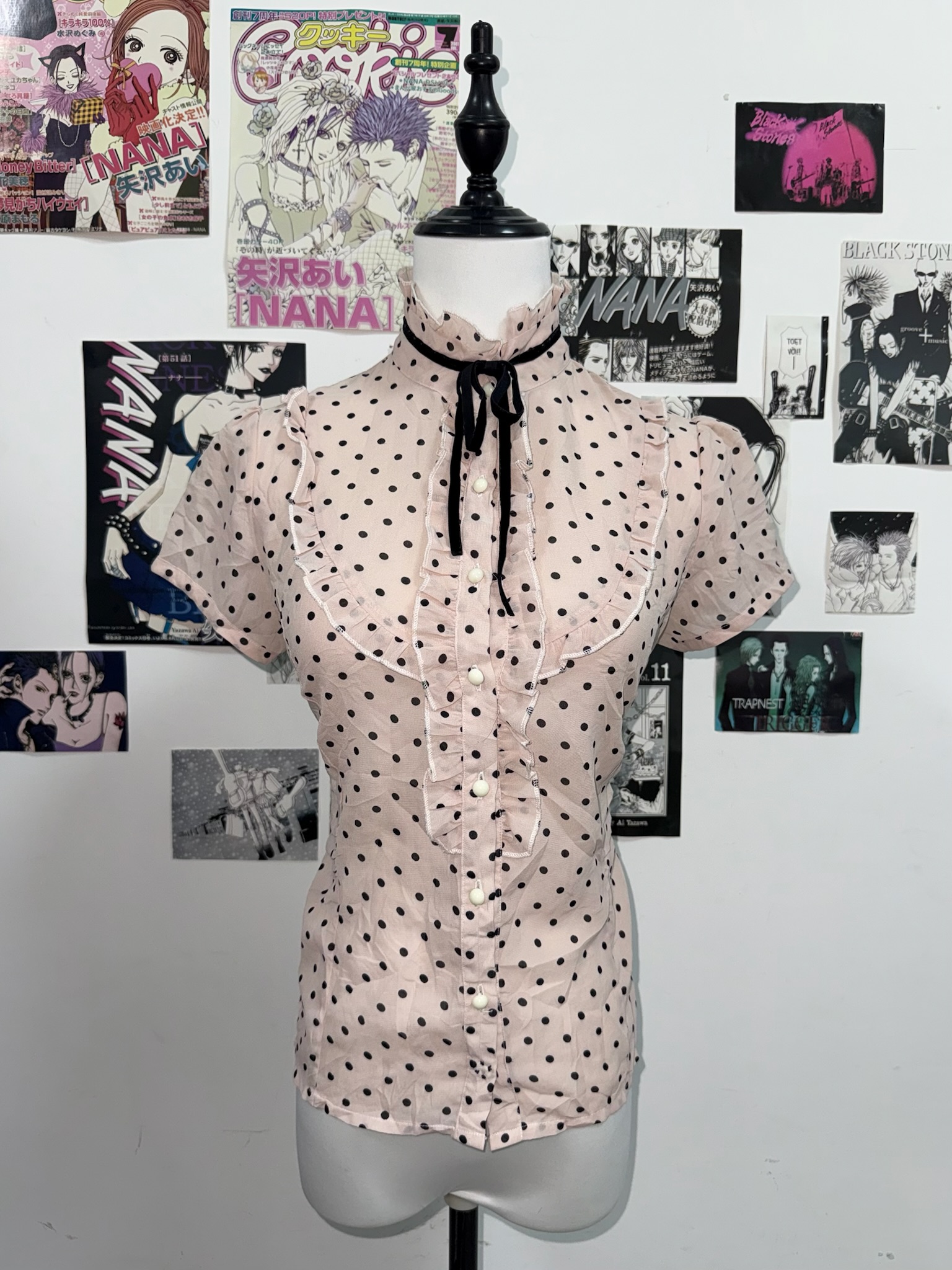 Pink Polka Dot Ruffle High Neck Blouse