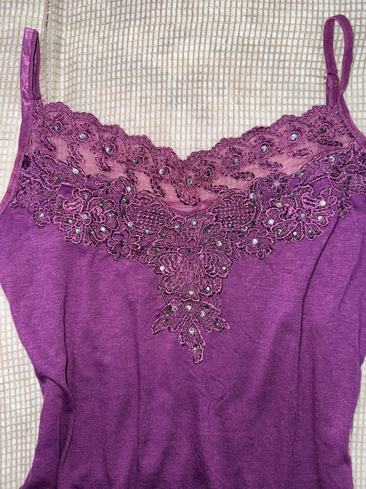 Purple Rhinestone Embroidered Lace Cami