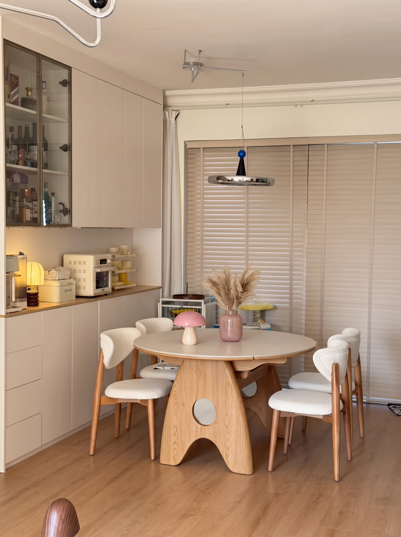原木奶油風可伸縮摺疊岩板餐檯 家用細單位 方圓兩用飯檯 dining table