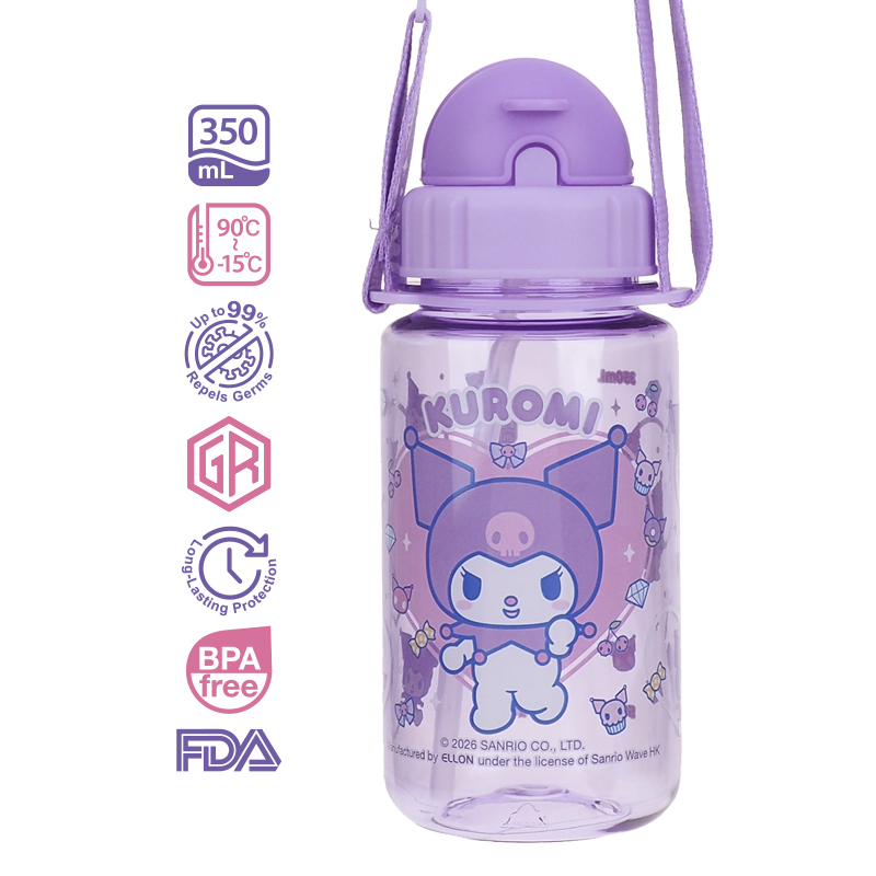 Kuromi 350ml BPA Free Water Bottle With Straw & Neck Strap 膠水樽連飲管及頸繩