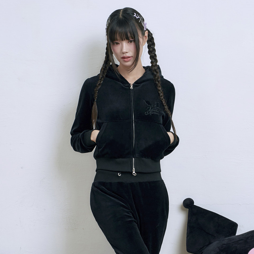 Venhit x Kuromi Velour Crop Zip-up Hoodie Black
