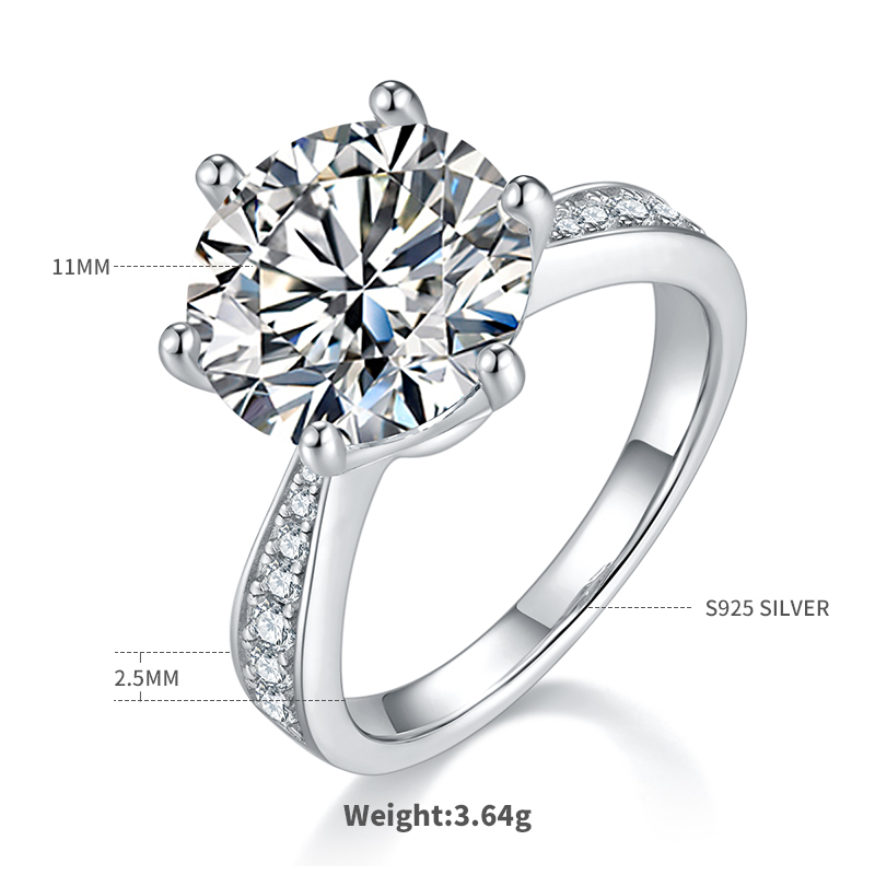 微鑲靈動S925銀鍍白金D級莫桑鑽戒指5. 00CT