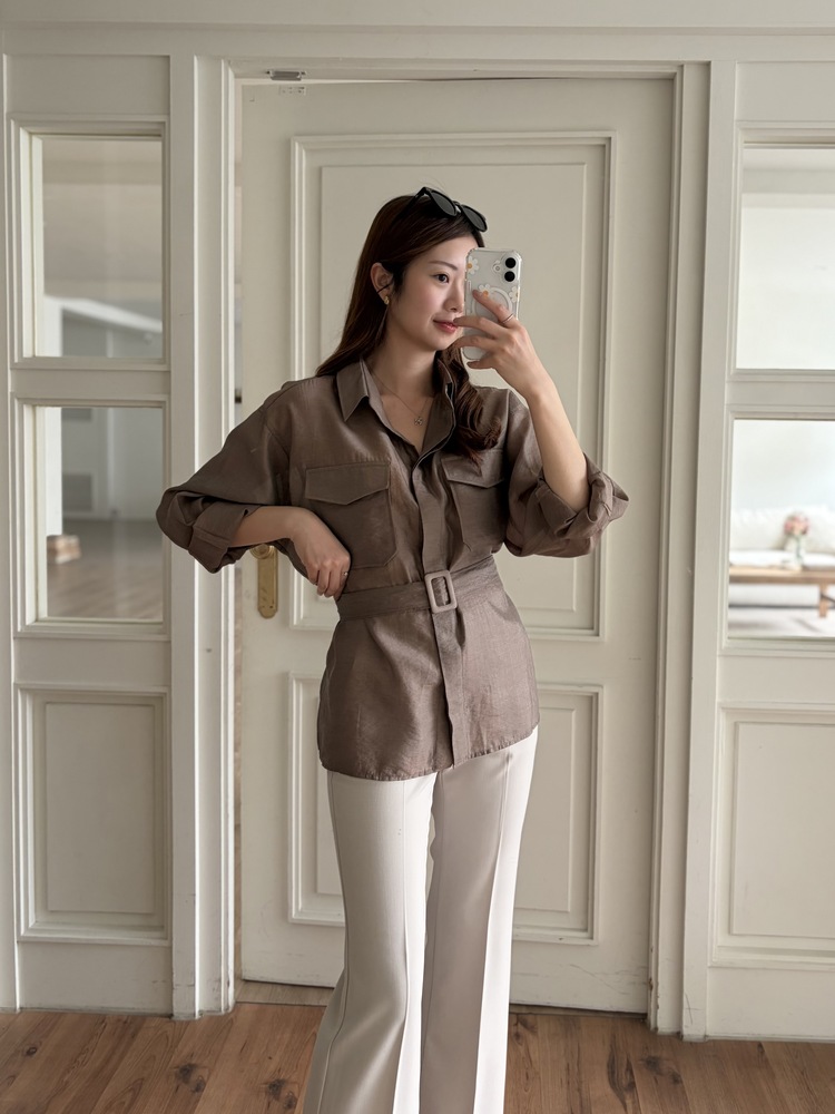 Feminine Belted Pocket Blouse (Brown)