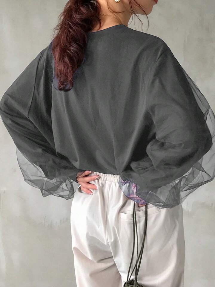 (兩色）薄紗拼接上衣