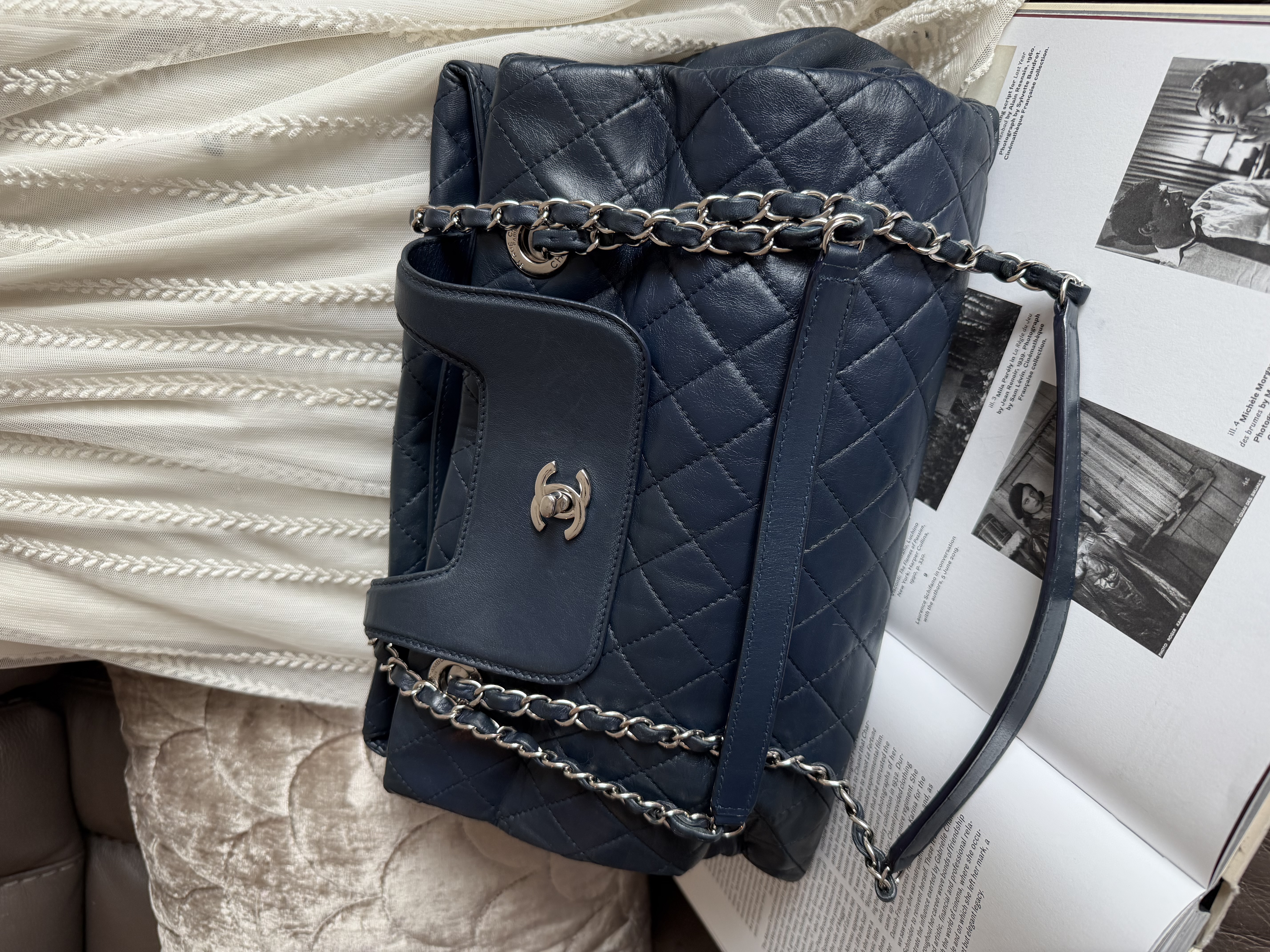 Chanel quilted matelasse navy leather chain bag