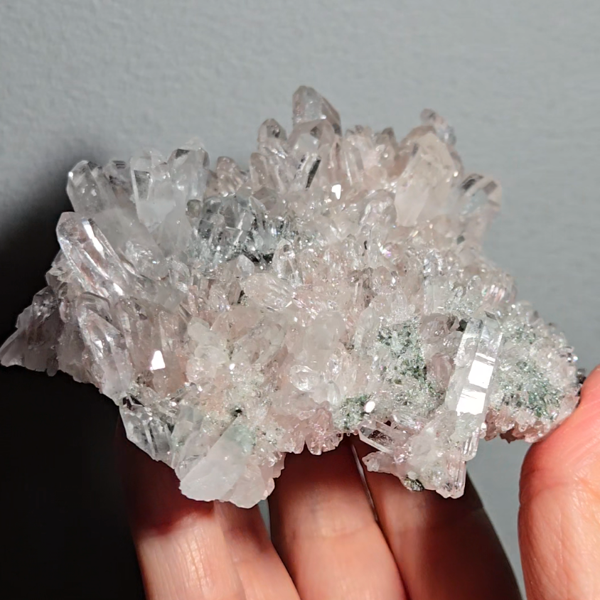 Pink Lemurian quartz cluster with green chlorite, rainbows - LQ189