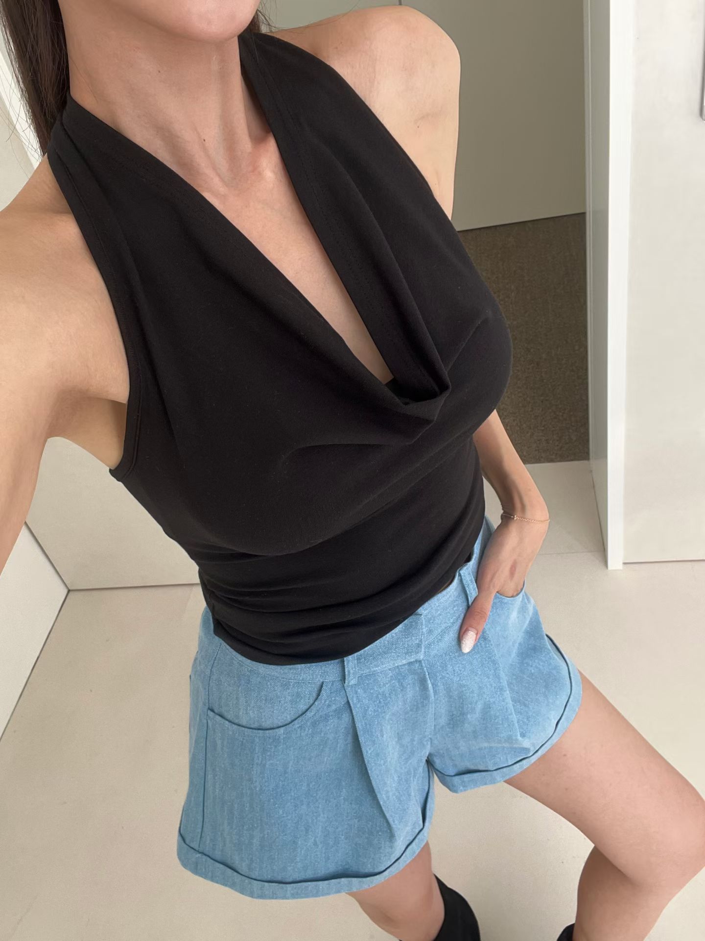 ♥︎顯腿長！人字紋褶腳短褲-Free size-