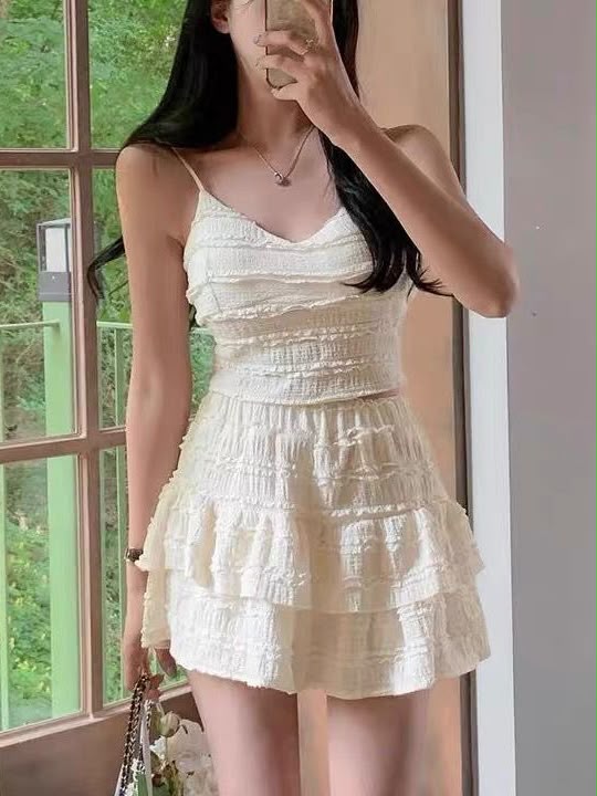 A150763 Dopamine Style Casual Two-Piece Set with Sexy Cami Top and White Tiered Mini Skirt