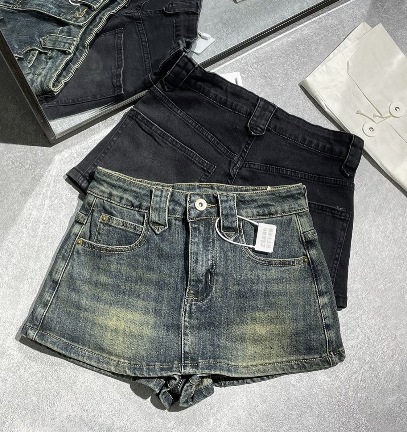 做舊牛仔短裙**復古水洗牛仔裙褲