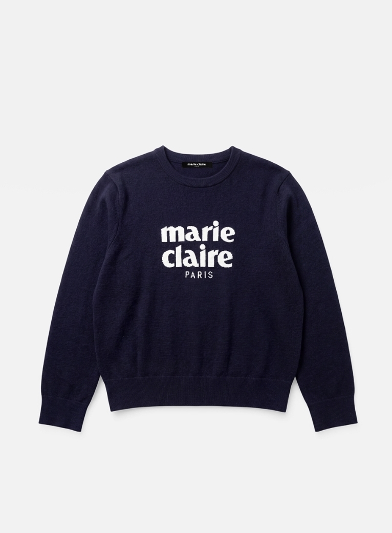 Marie Claire Essential Logo Jacquard Wool Round Knit 