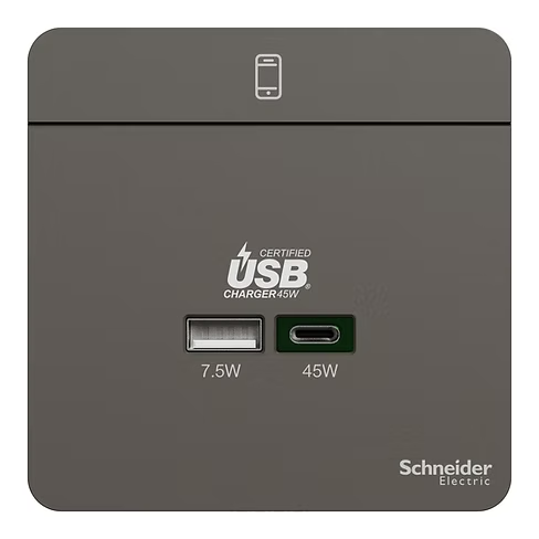 施耐德 AvatarOn 石墨灰 45W Type A+C USB快速充電 插座