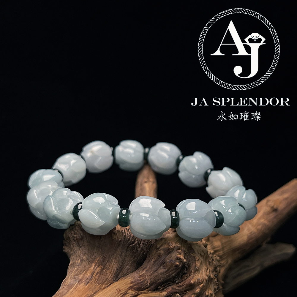 JB-257- 膠潤晴水藍綠色清心定神/年年有餘蓮花手串