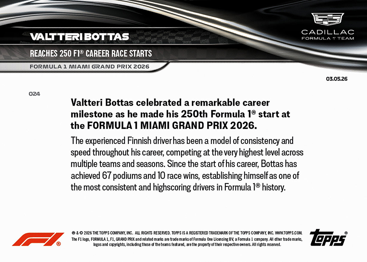 Valtteri Bottas - 2026 F1 Topps NOW® #24 Miami GP F1生涯250戰紀念卡｜PR 3,387