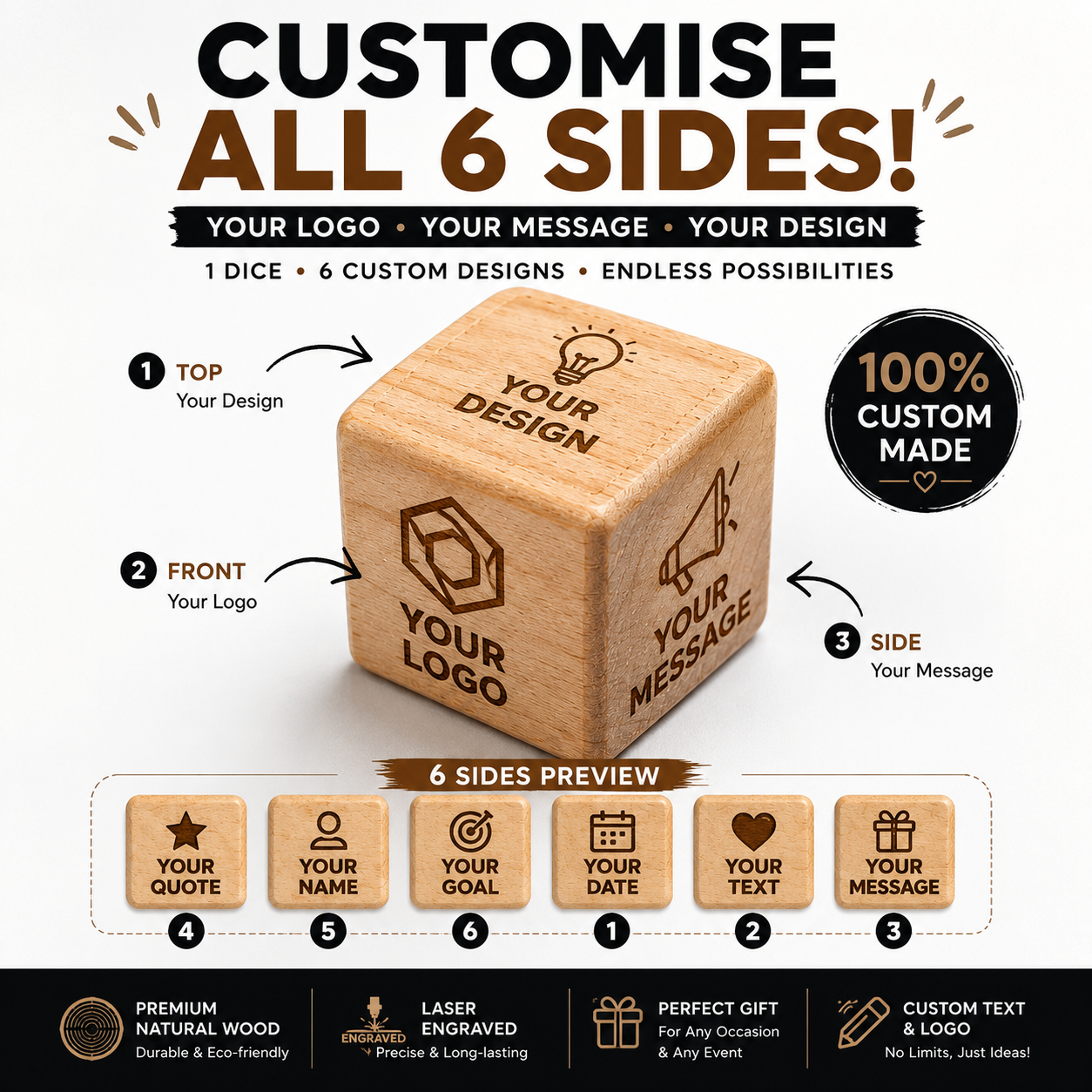 CUSTOM WOODEN DICE – Personalised Logo, Text & Design on All 6 Sides | 2CM