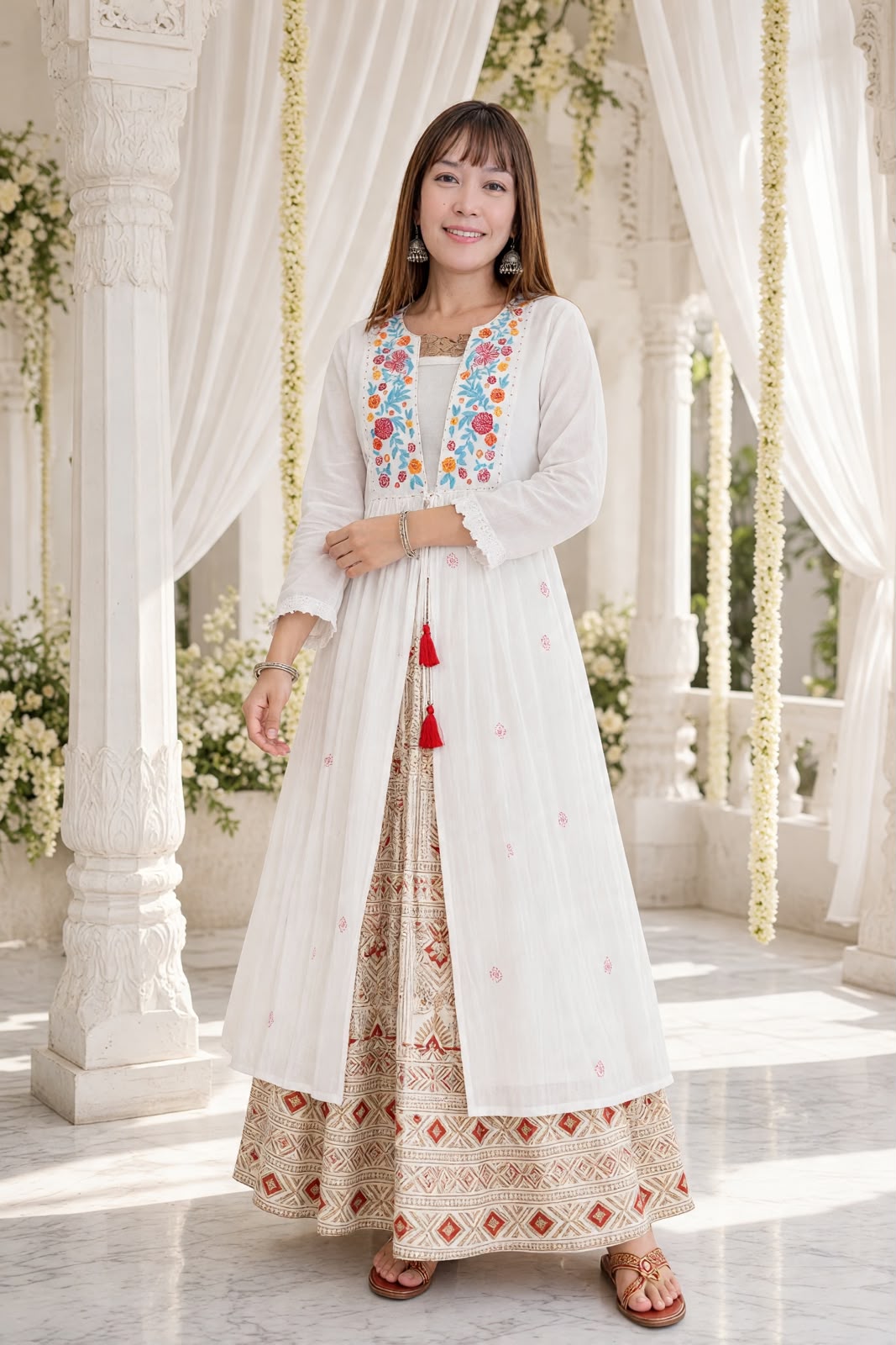 3570 Pure White Cotton V Neck Emb OP with Jacket