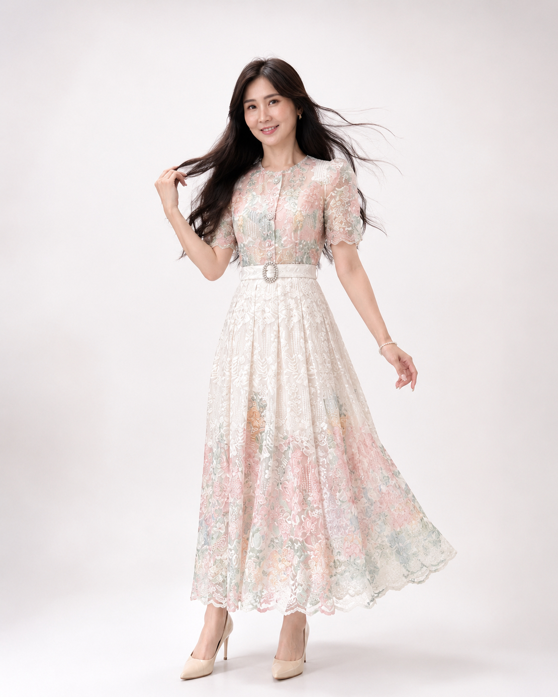 5130 Charlotte Pearl & Beaded Lace Panelled Midi Dress