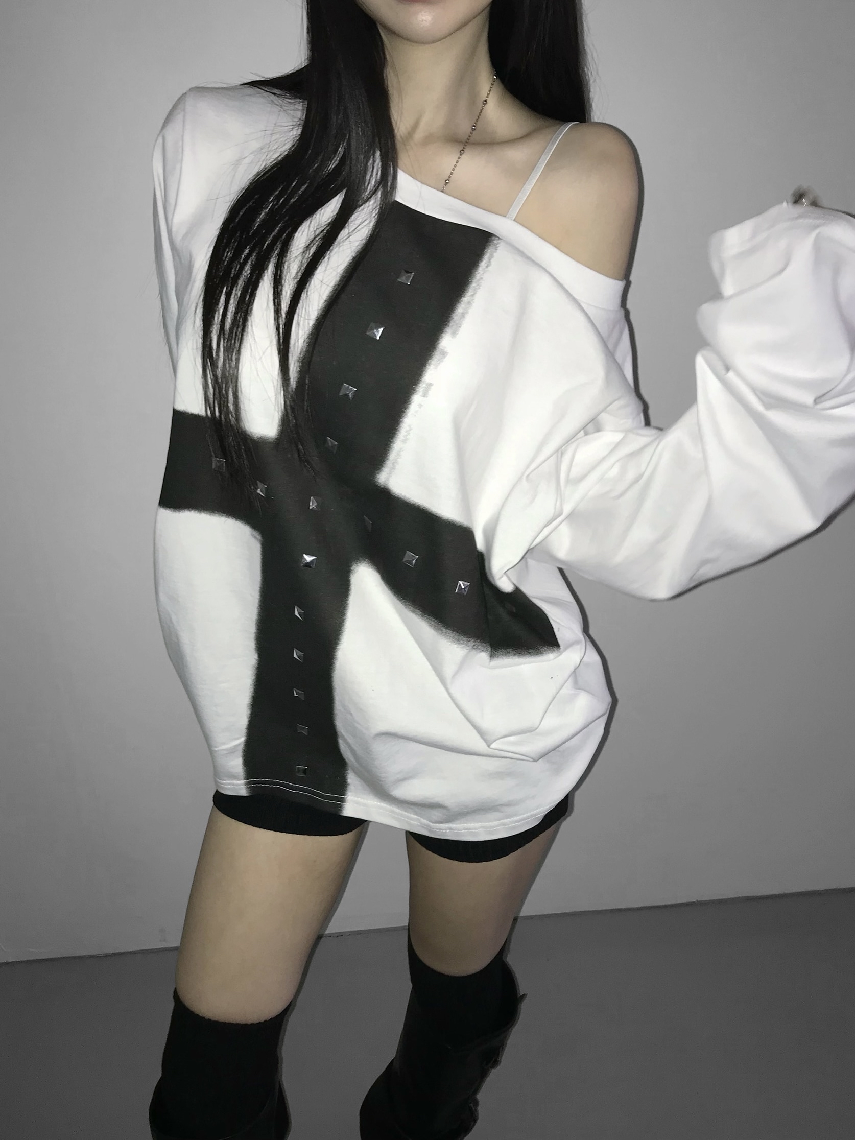 Off-Shoulder Cross Print Studded Long Sleeve