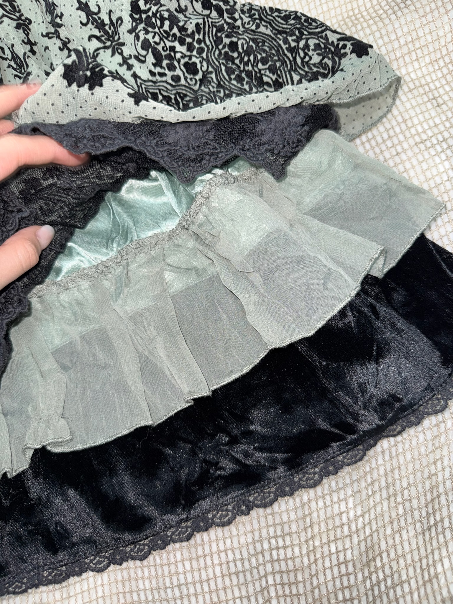 Axes Sage Green Mesh Slip Dress with Black Baroque Print and Tiered Lace Ruffles