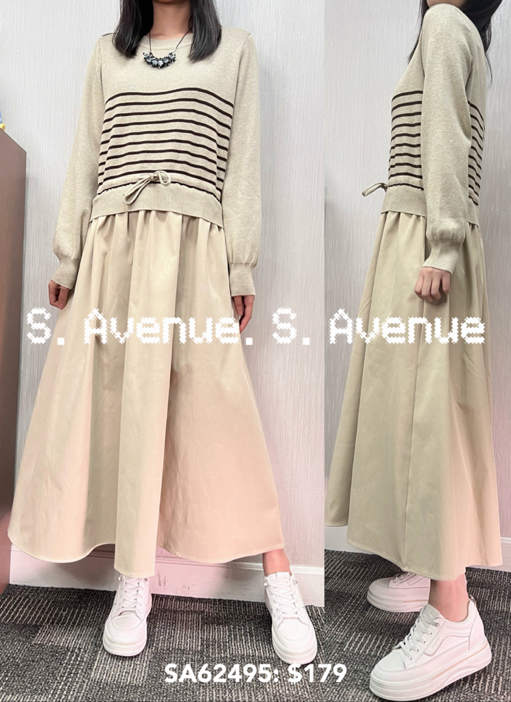 SA62495: 長袖間條束繩拼布長裙