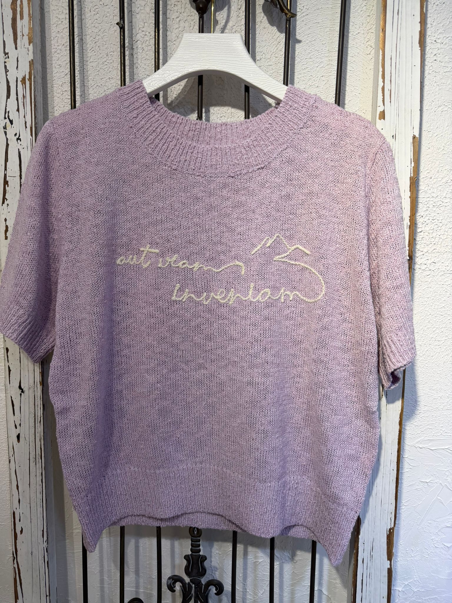薰衣草紫刺繡短袖針織衫