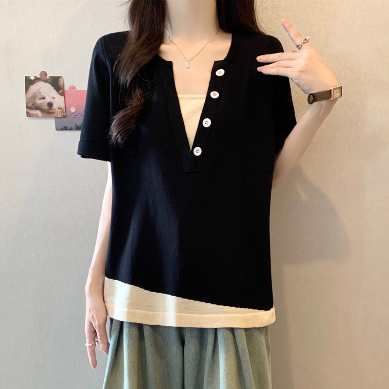 B139(1046) 韩版休闲风假两件小钮边V领撞色斜边下摆黑冰丝针织上衣