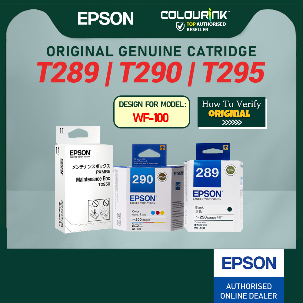 Epson T289 Black, T290 Colour, Pigment Ink Cartridge, T295 Maintaince Box For WF-100