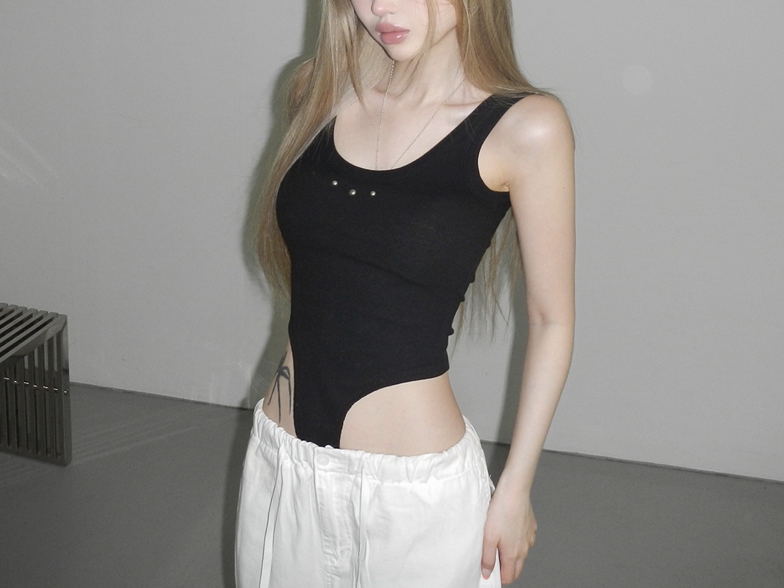 Ribbed Studded High-Cut Bodysuit