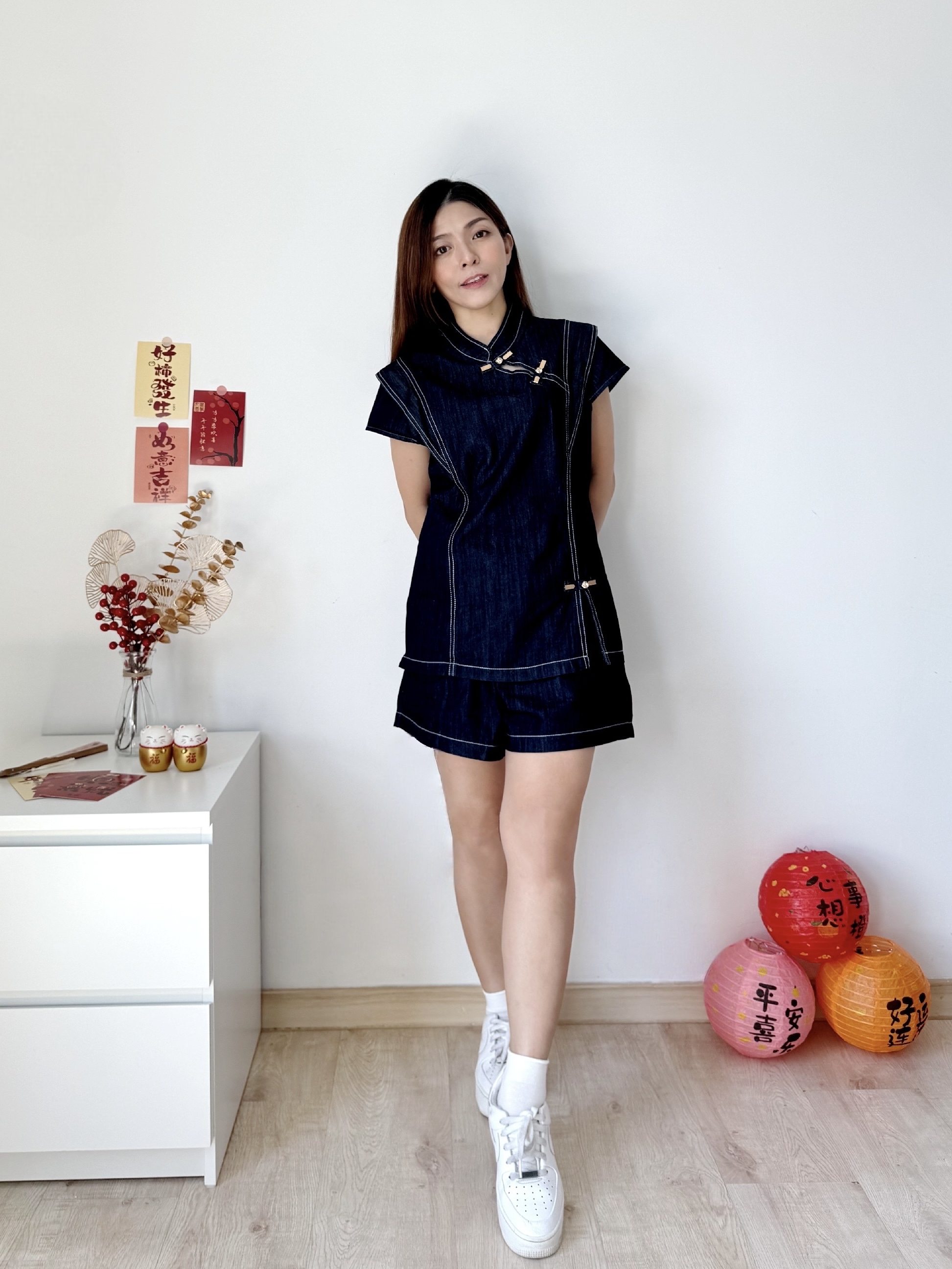 Ru Yi Oriental Denim Set “如.意” 新中式盘扣设计牛仔上衣+短裤套装 (2 Colours)