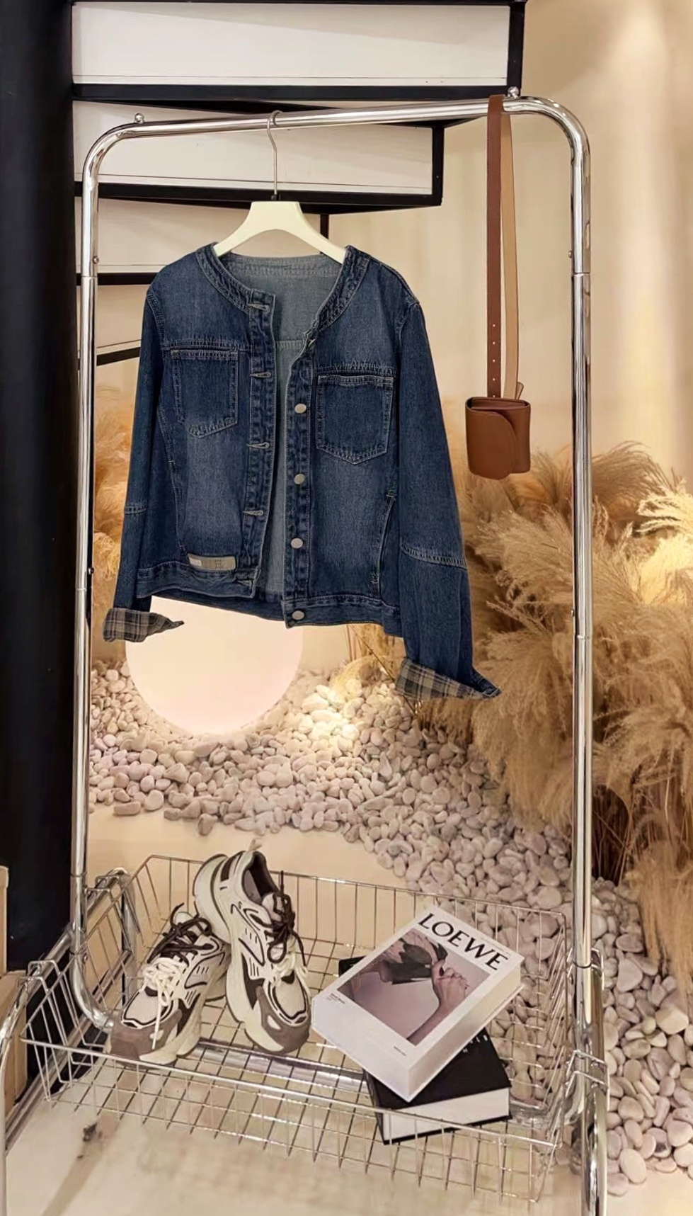 5660格子袖圆领牛仔外套