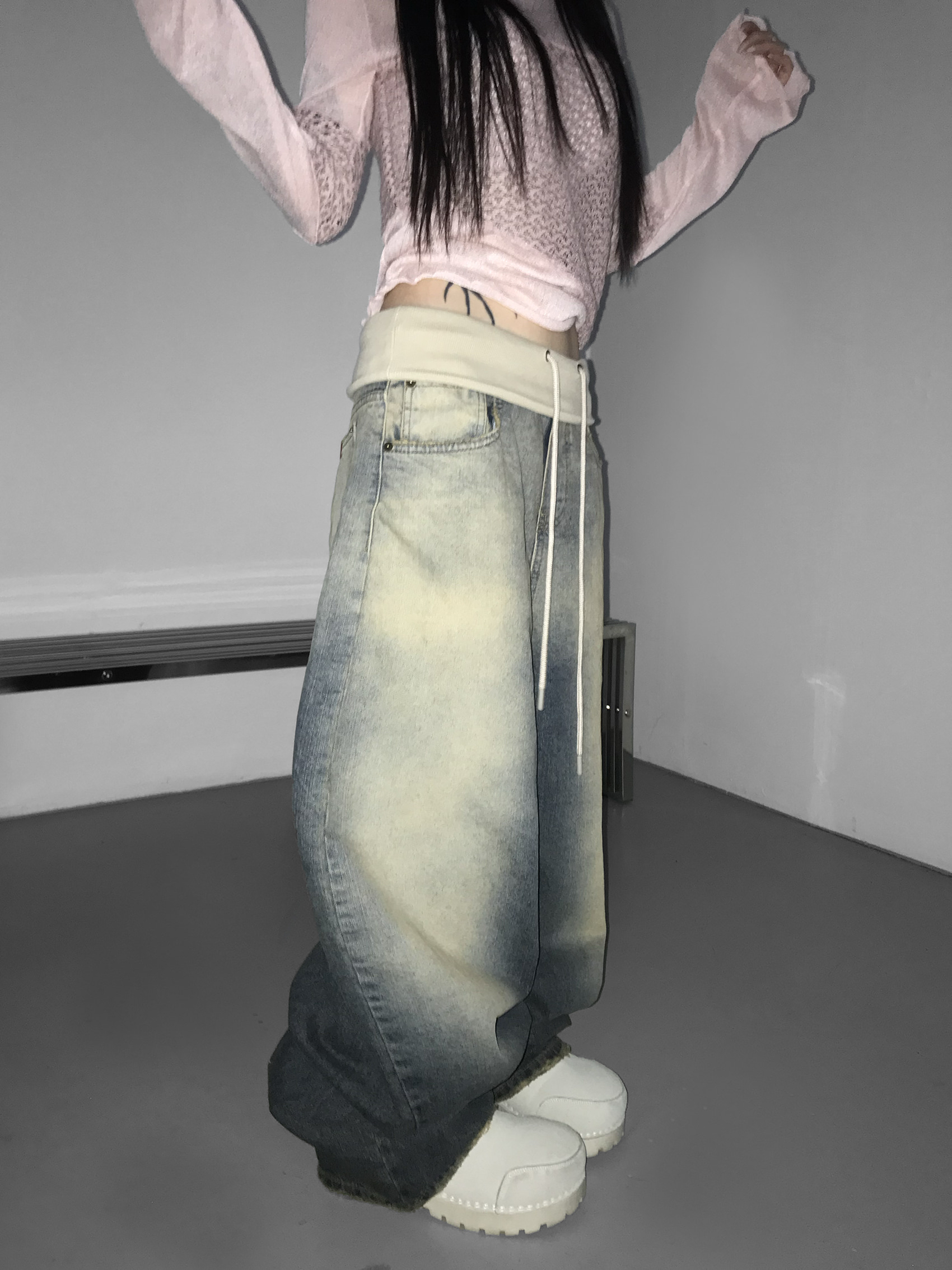 Vintage Washed Foldover-Waist Denim Pants