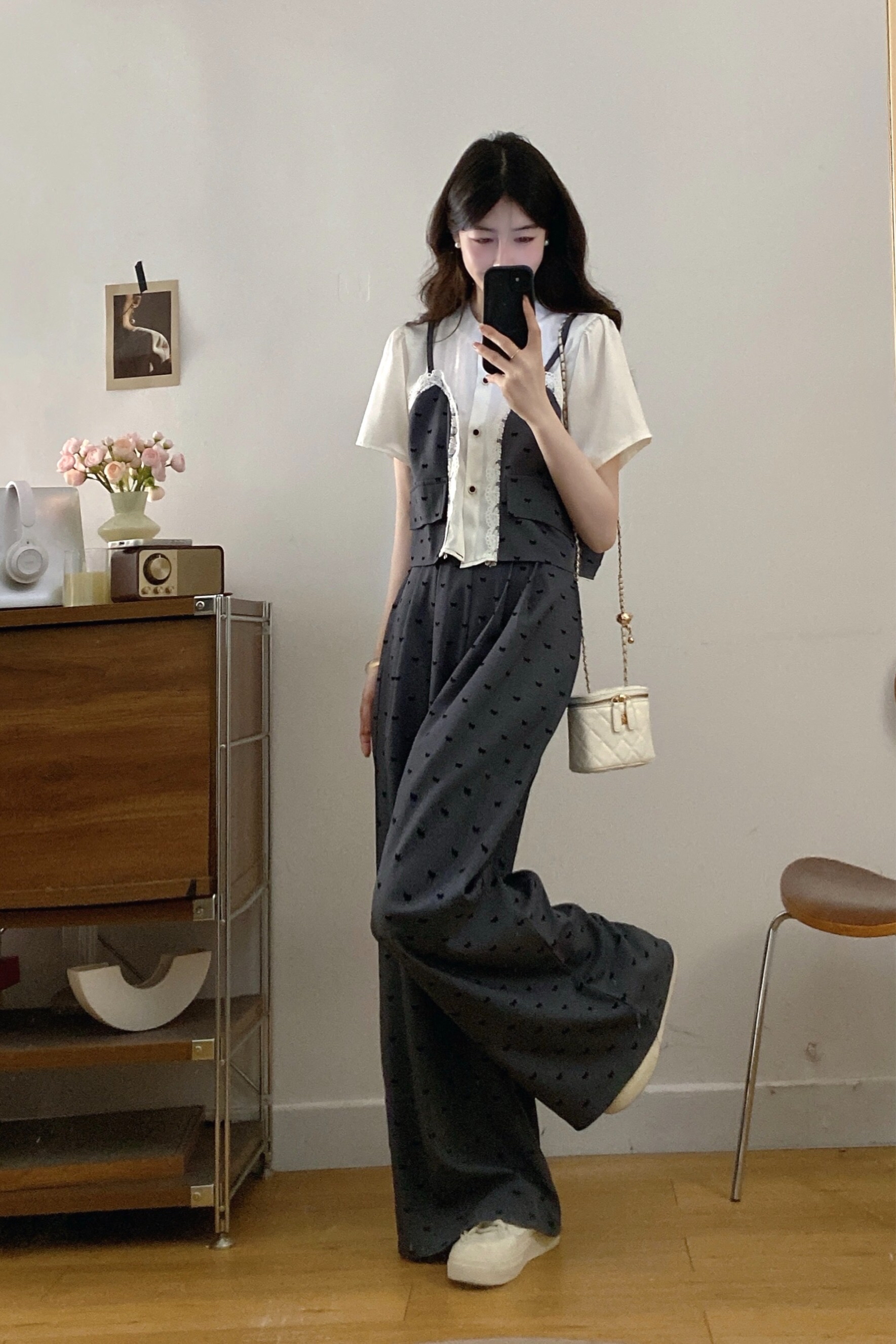 B257(3095) 韩版时尚假两件衬衫拼接吊带蝴蝶结印花上衣与长裤灰套装 