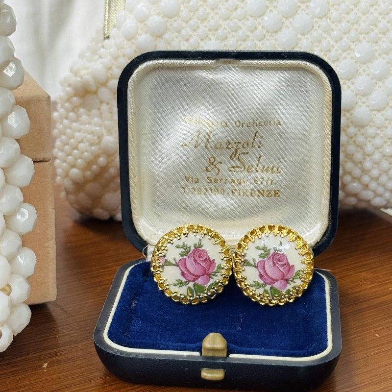 Vintage Czechoslovakian C.a. 1960s Purple Floral Porcelain Clip Earrings(B049)
