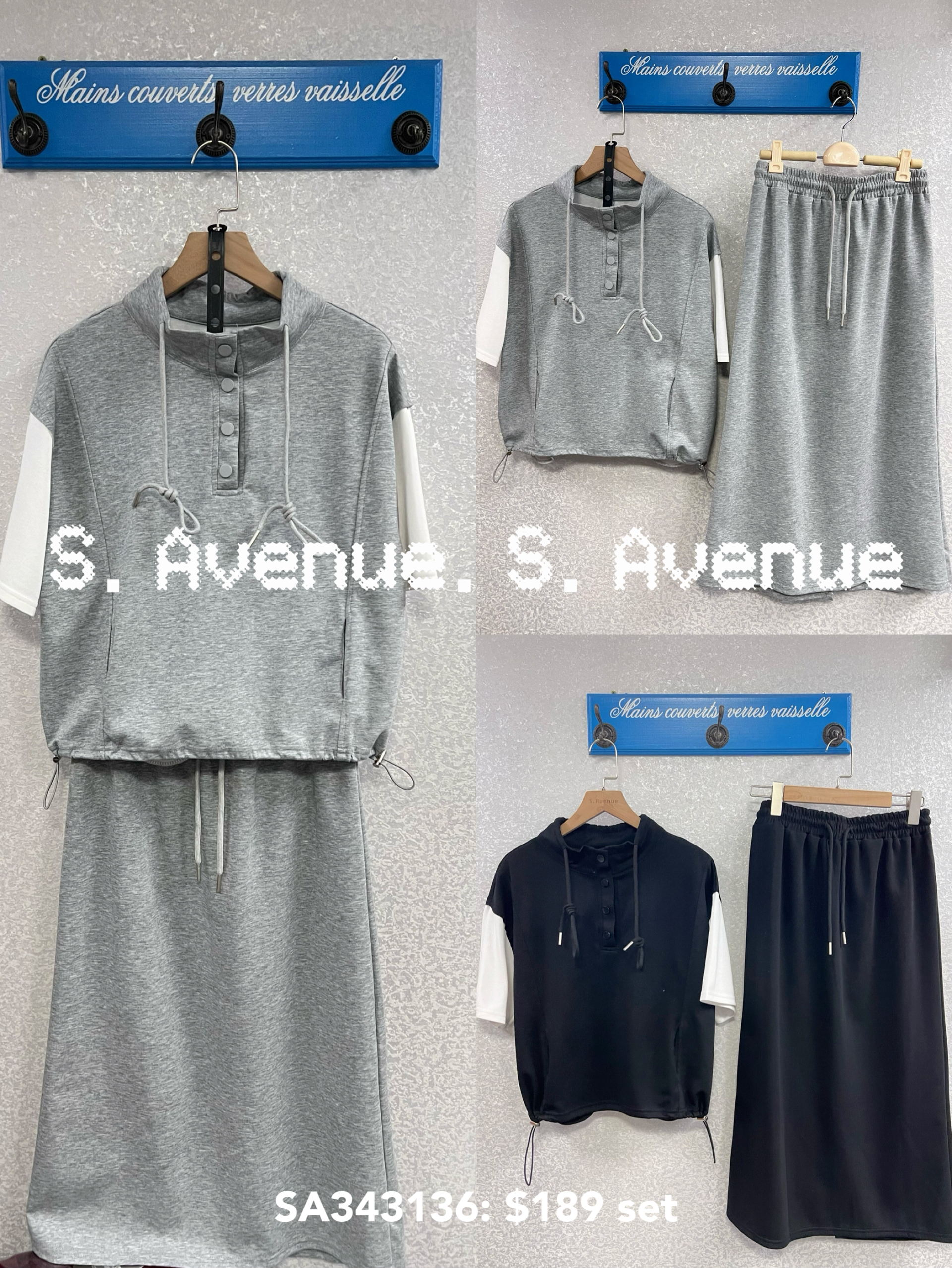 SA343136: 短袖領有鈕束腳假兩件tee配後開叉長裙套裝