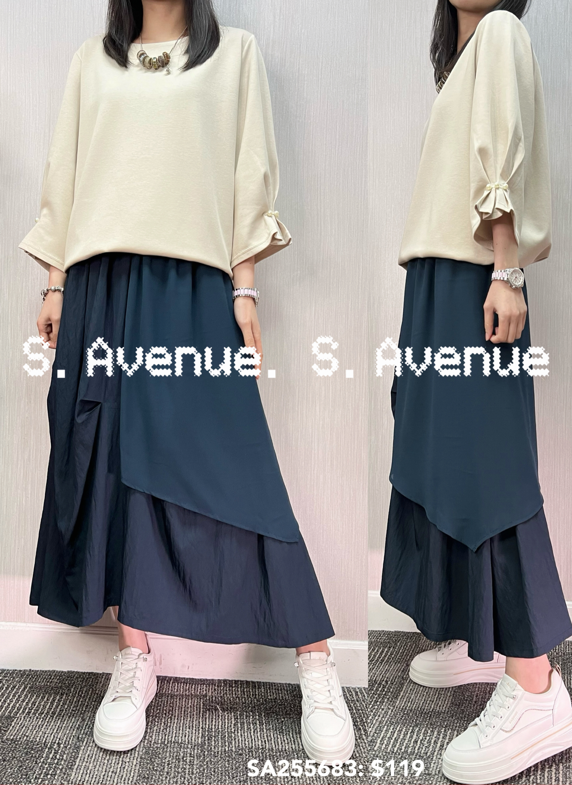 SA255683: 中袖袖有撍珠淨色top