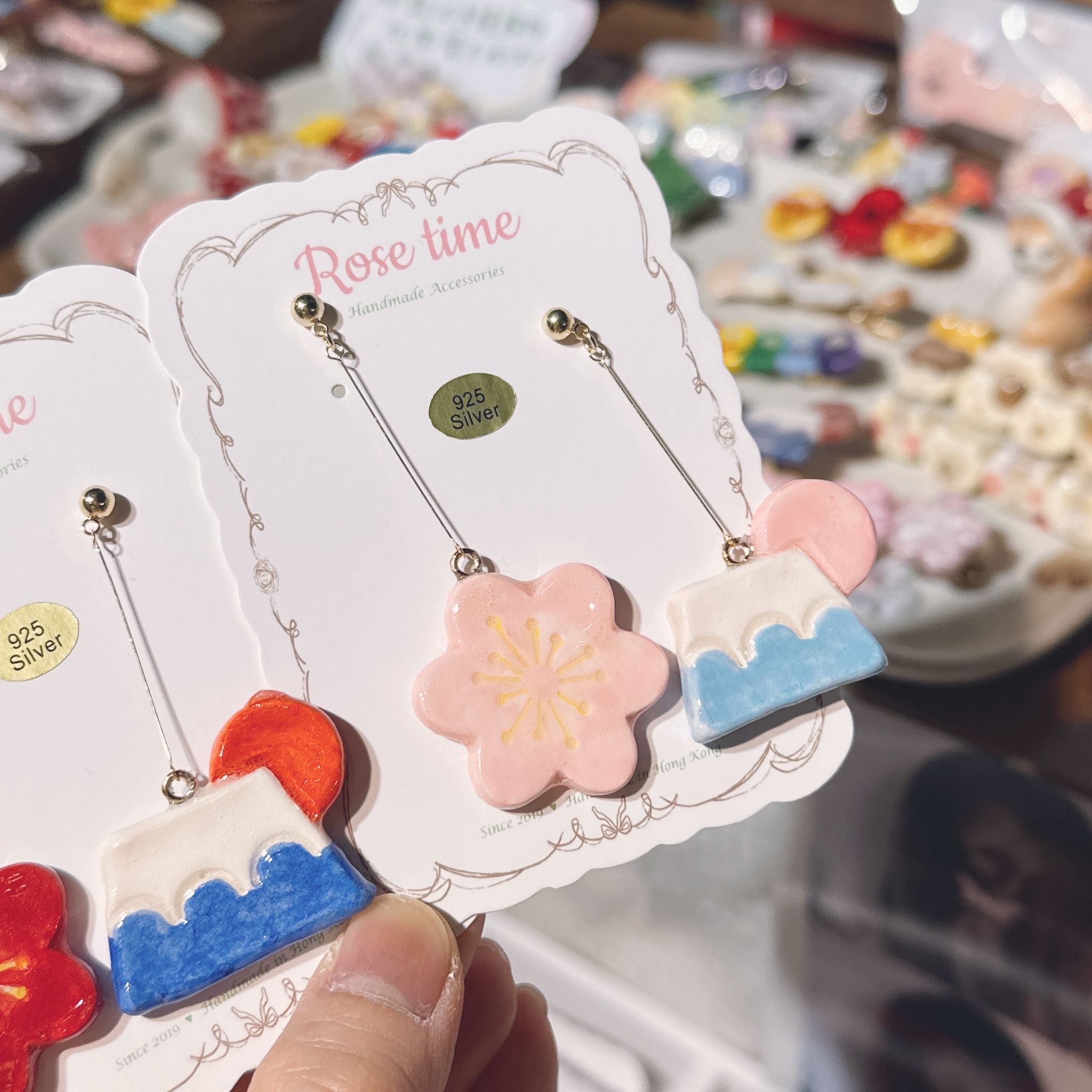 手繪 和風大花花富士山耳環 大紅/粉紅色