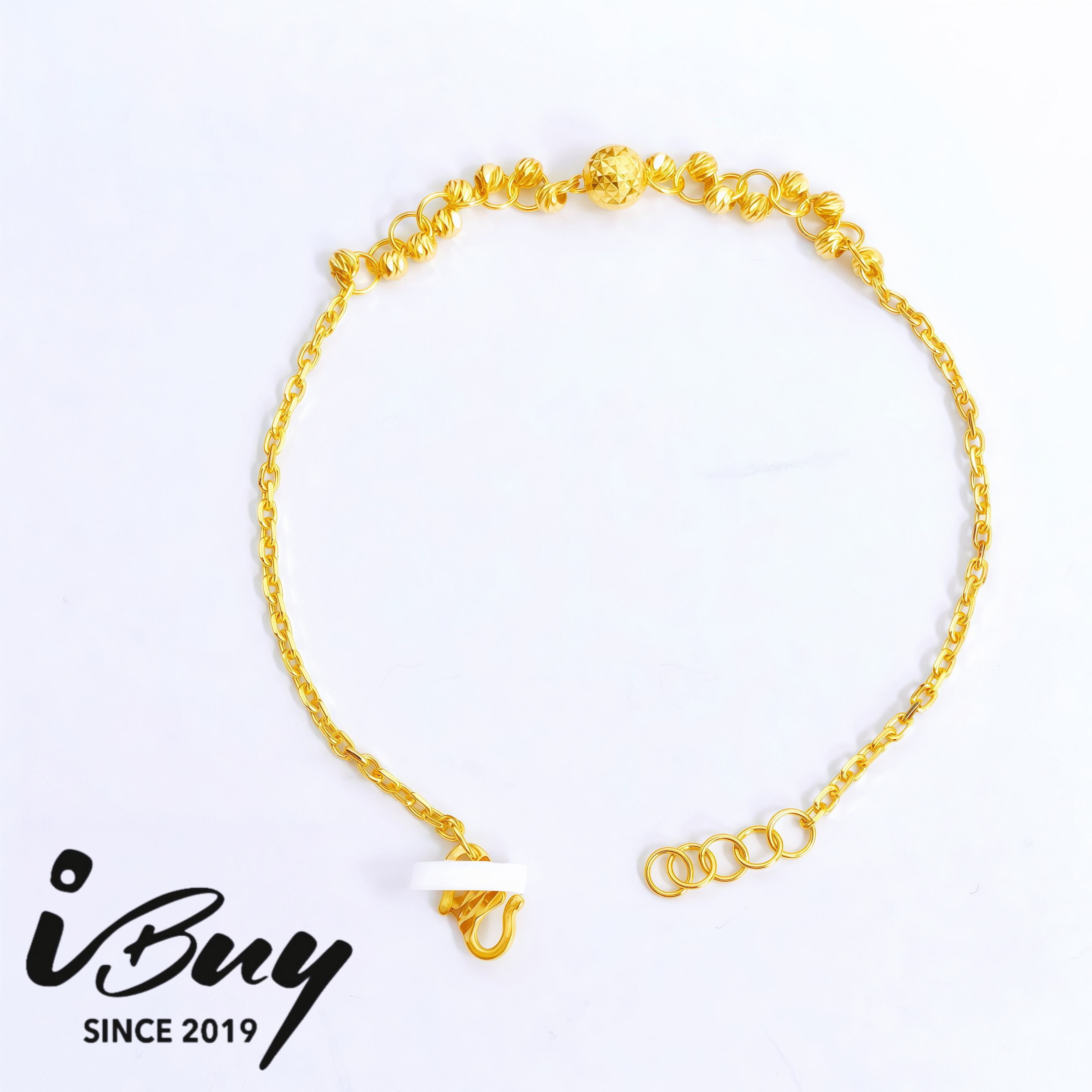 916 GOLD FANCY BEAD CABLE BRACELET 16-17CM 916 金 菱格珠配万字链混搭手链 16-17CM