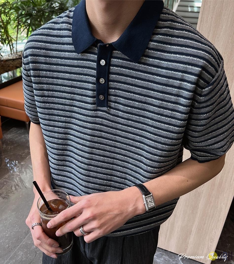 【100%保證韓國直送】Stoll Boucle 復古毛圈紋理條紋針織 Polo 衫 👕 [2 color] RG115868