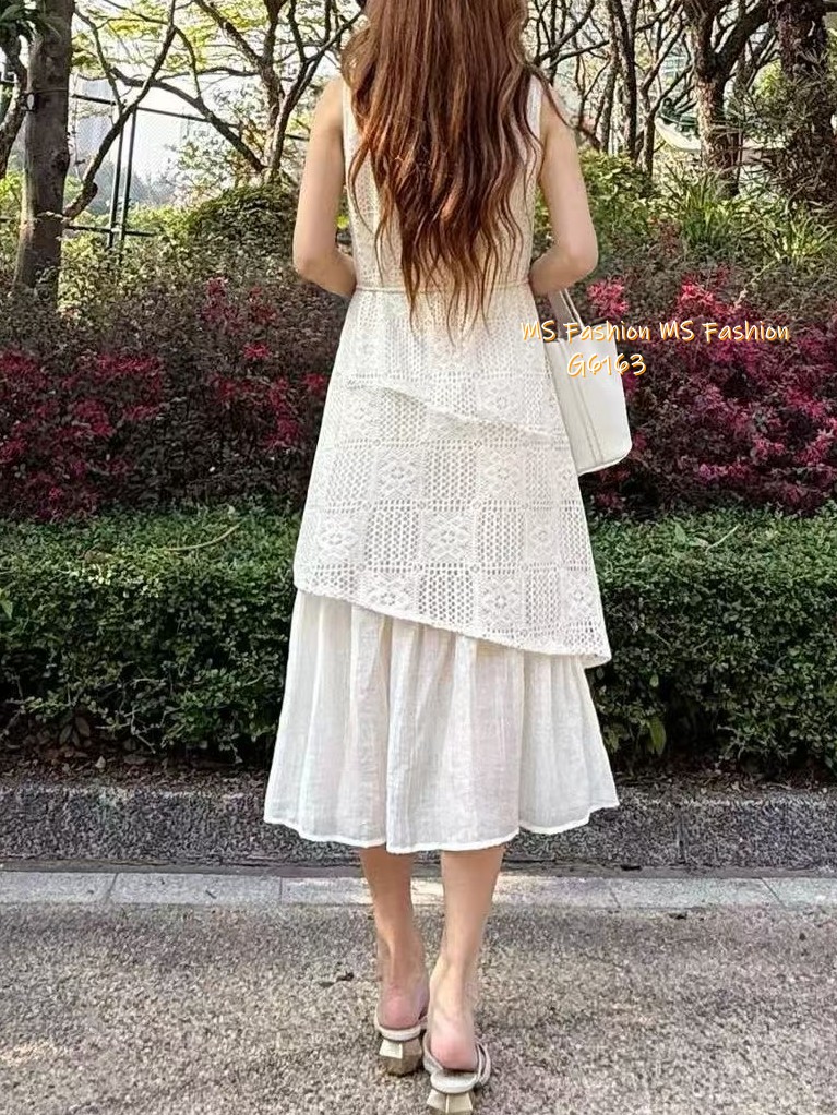 G6163 韓國🇰🇷假兩件通花背心連身裙