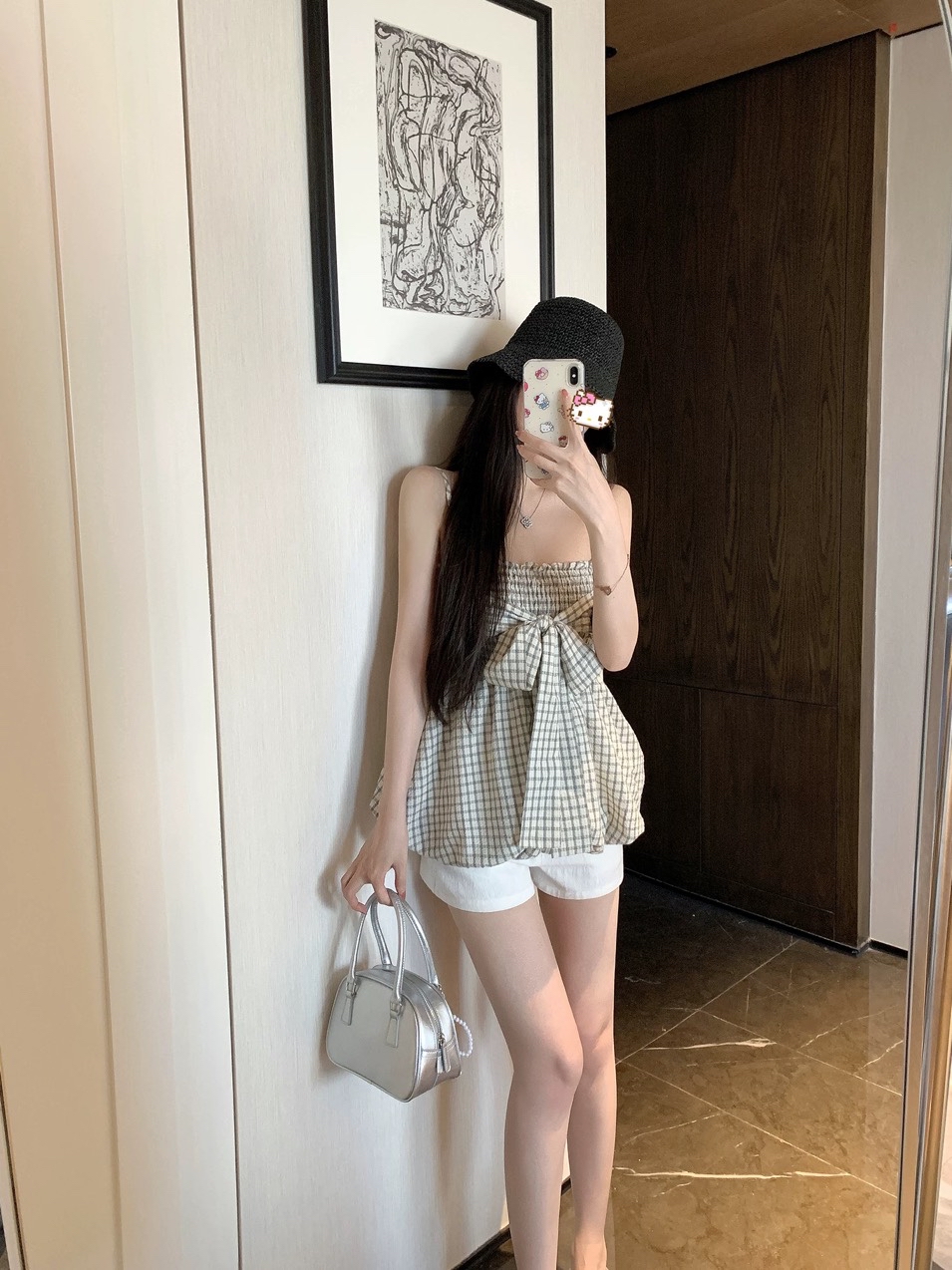 格子花苞吊带蝴蝶结