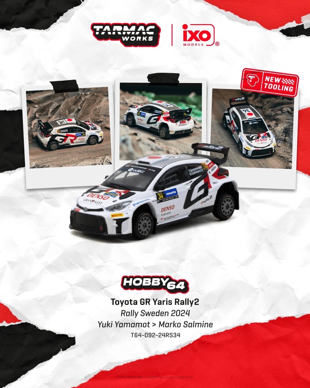 （預訂 Pre Order) Tarmac Works  ( T64-092-24RS34 ) Toyota GR Yaris Rally2 Rally Sweden 2024 Yuki Yamamoto / Marko Salminen