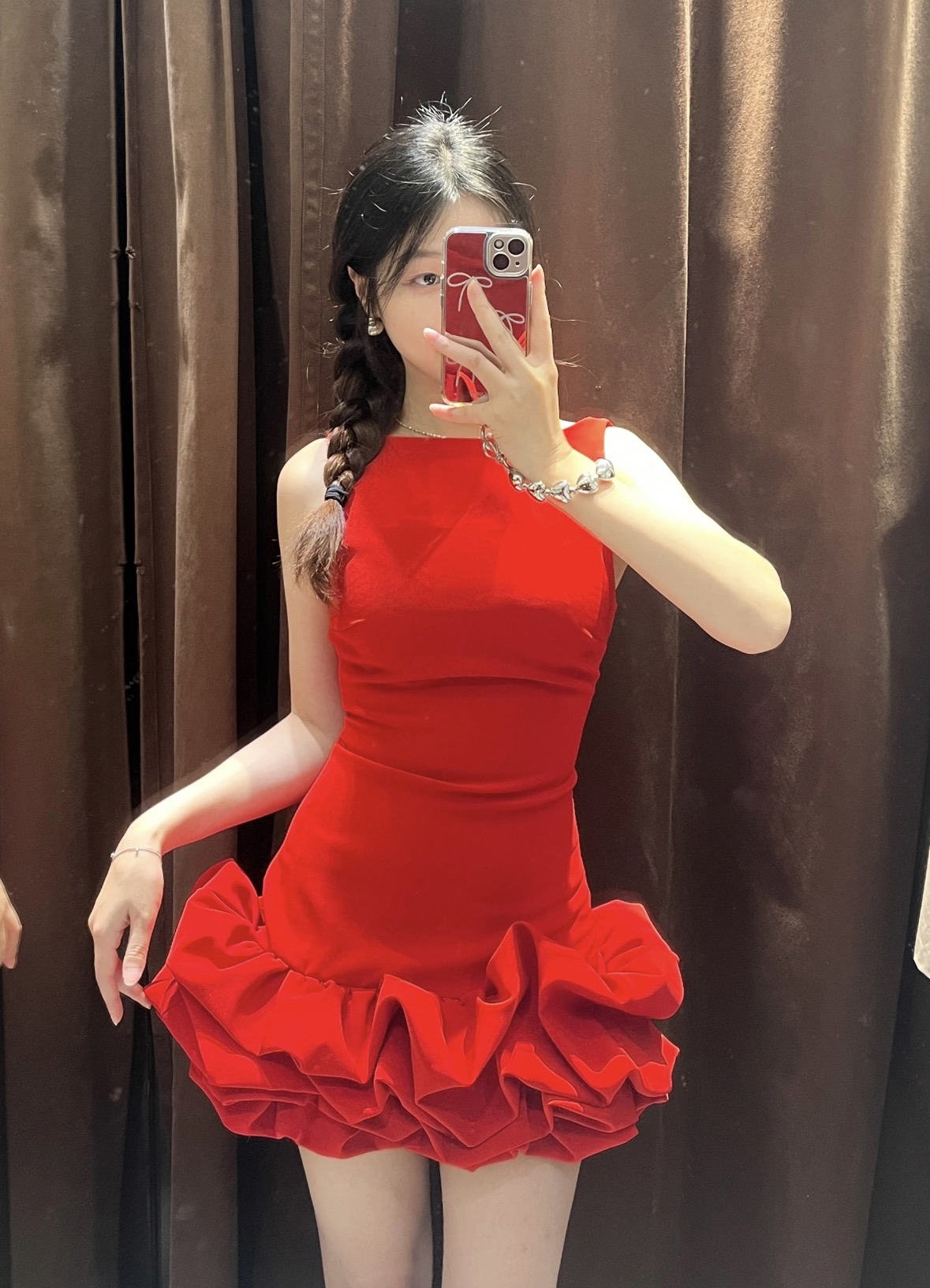 DR453木耳边拼接花苞裙