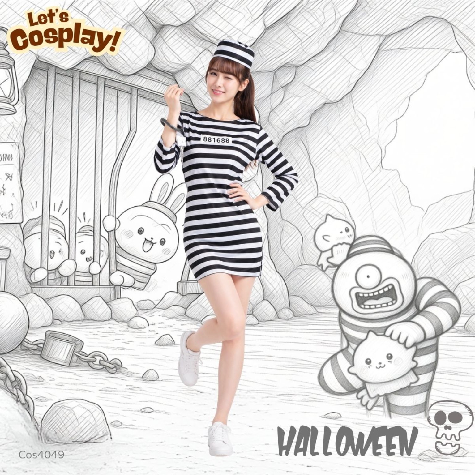 成人女囚犯服裝｜萬聖節黑白間條 Prisoner Costume｜M碼 COS4049