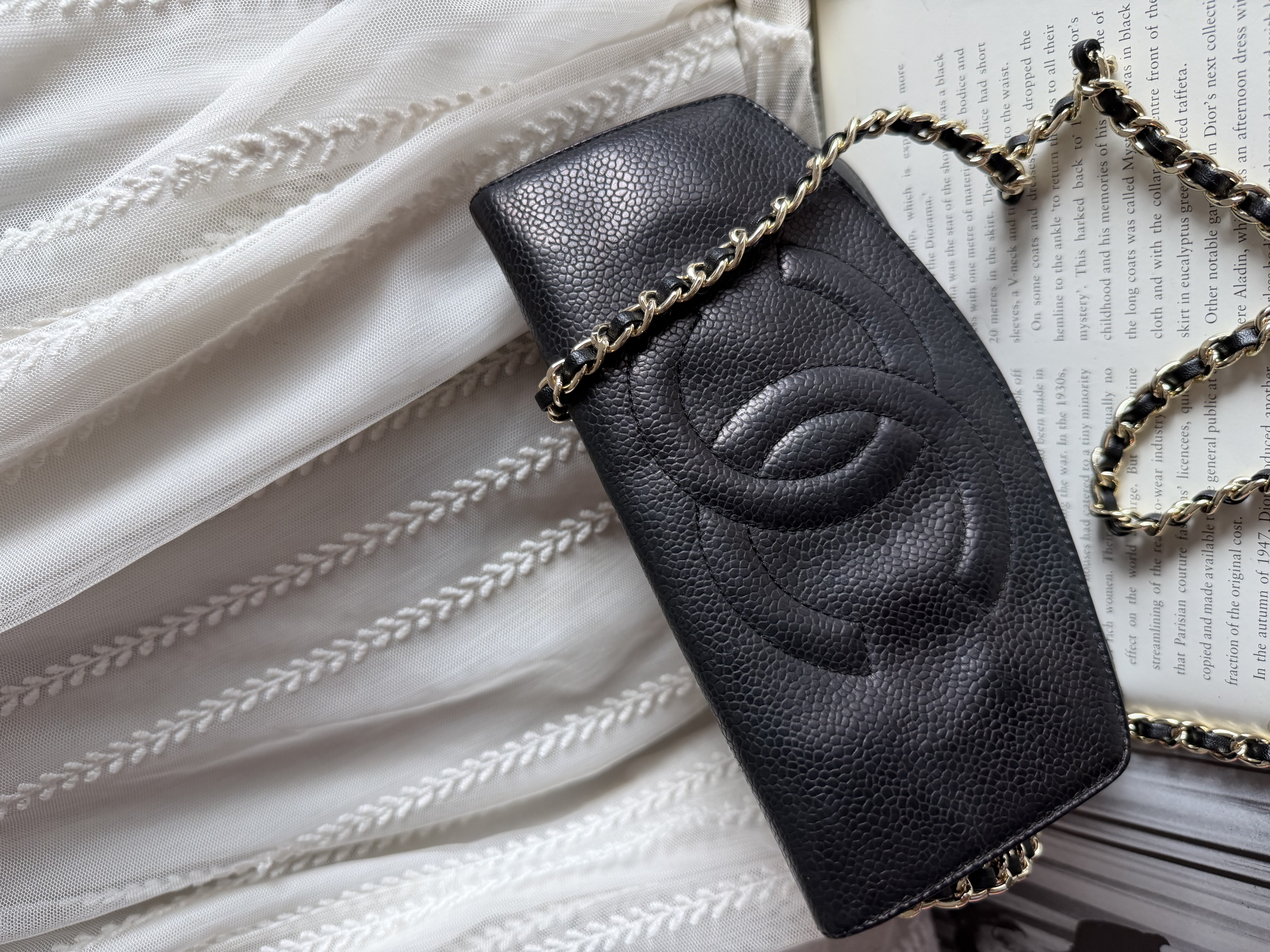 Vintage chanel black caviar leather long wallet