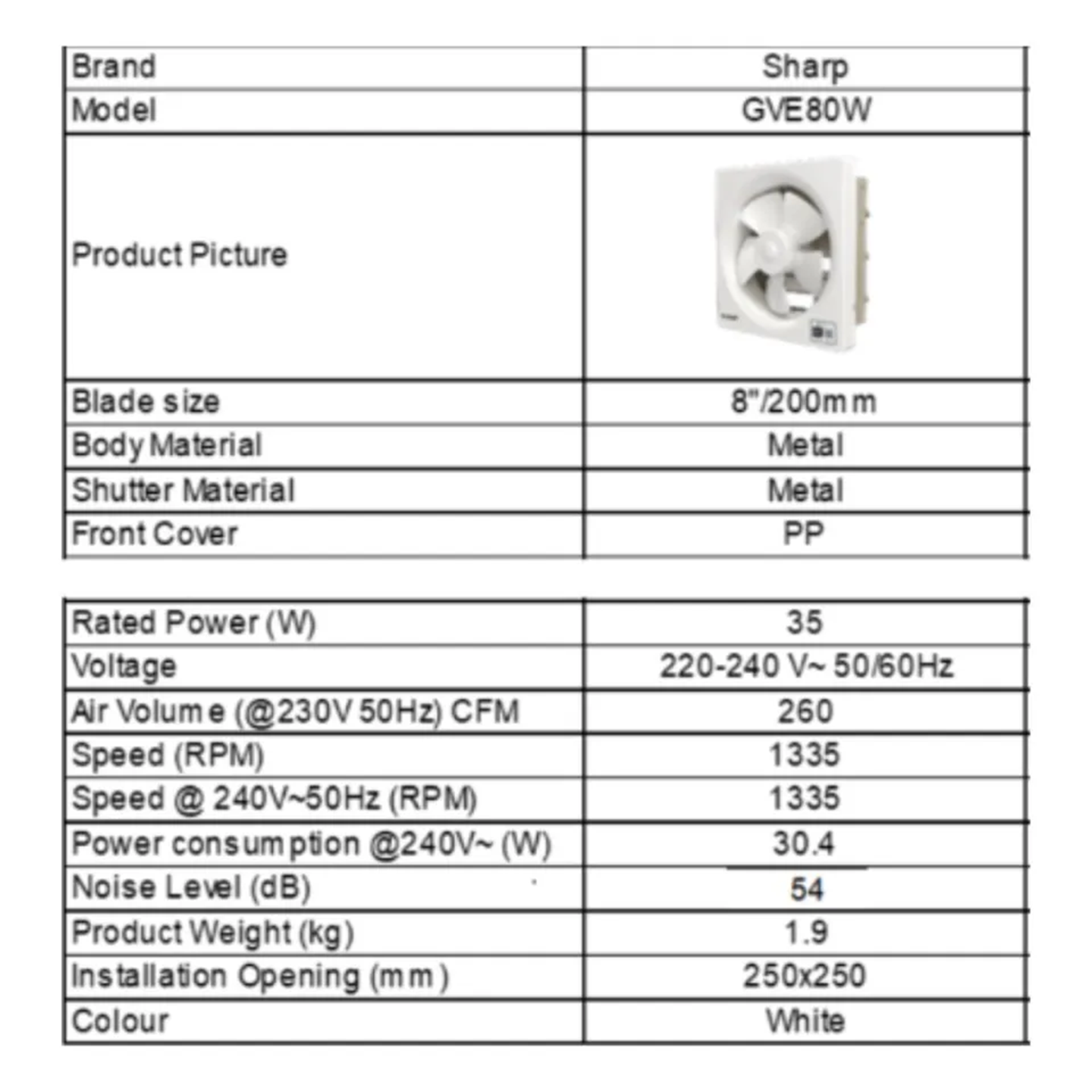 Sharp 8" Wall Exhaust Fan (GVE80W)